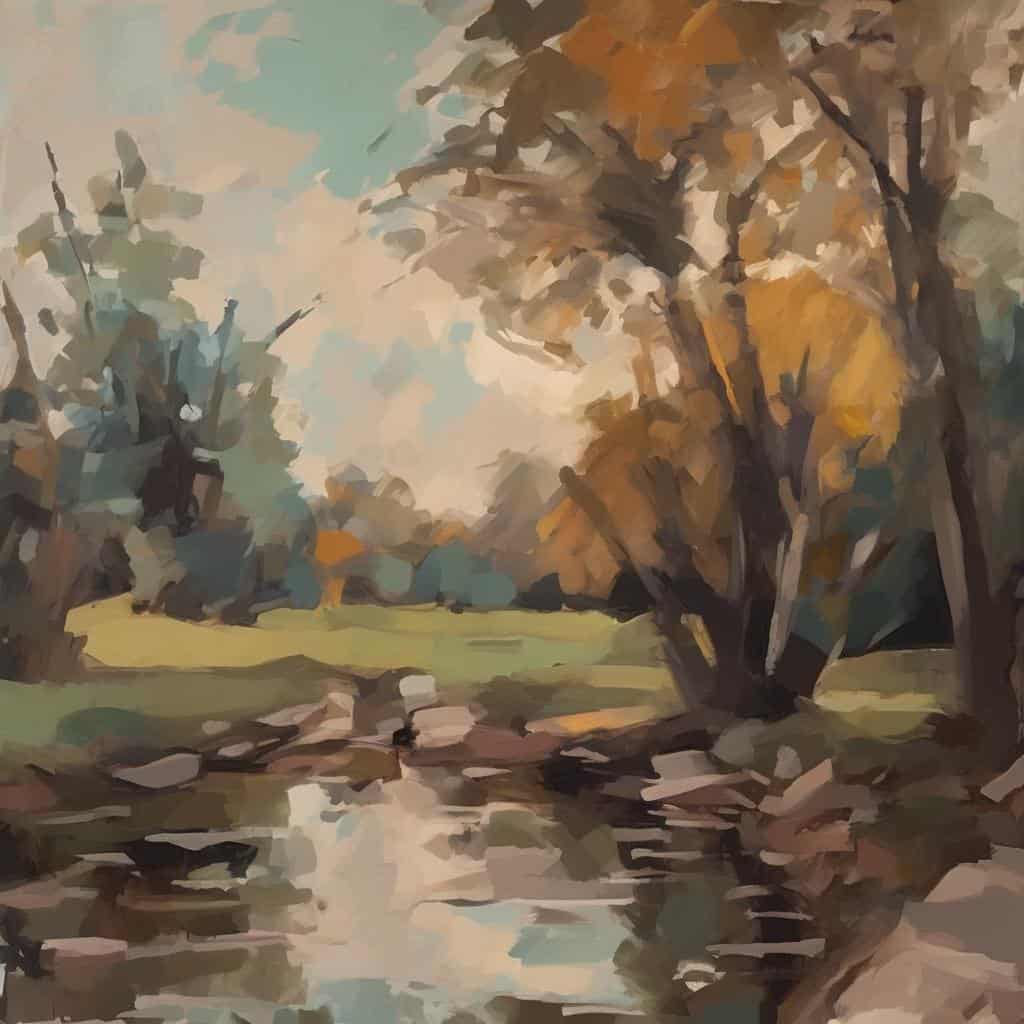 Ονειροπόλο τοπίο σε βουκόλια με δέντρα και ποταμό, εμπνευσμένο από τέχνη φαντασίας και δημιουργικότητα.