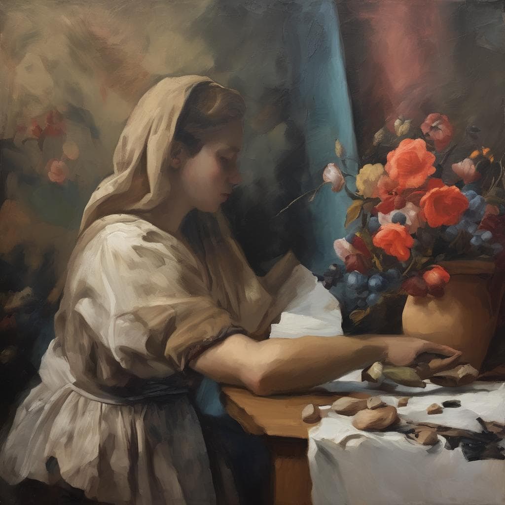 Γυναικεία φιγούρα σε ελαιογραφία με φανταστικά στοιχεία και όνειρο, καθισμένη στο τραπέζι με λουλούδια και φυσικές αποχρώσεις.