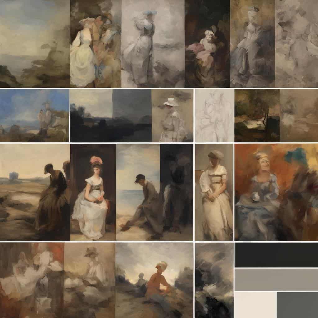 Ονειροπόλες και φανταστικές σκιές σε ρομαντικές τοπιογραφίες και πορτρέτα, εκφράζοντας τέχνη της φαντασίας και της ονειροπόλησης.